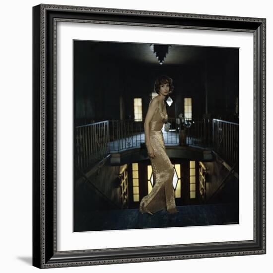 Model Wearing Gold Beaded Sheath Gown by Designer Helen Rose-Gordon Parks-Framed Photographic Print