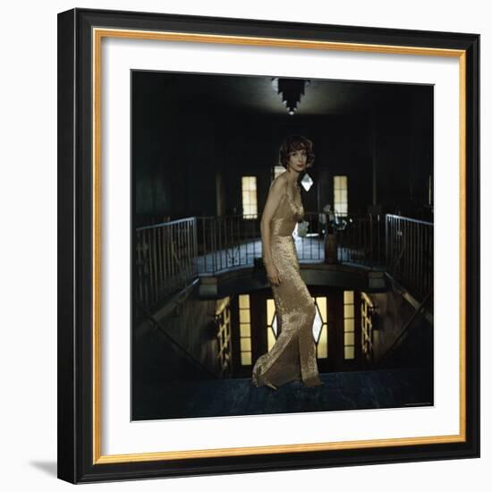 Model Wearing Gold Beaded Sheath Gown by Designer Helen Rose-Gordon Parks-Framed Photographic Print