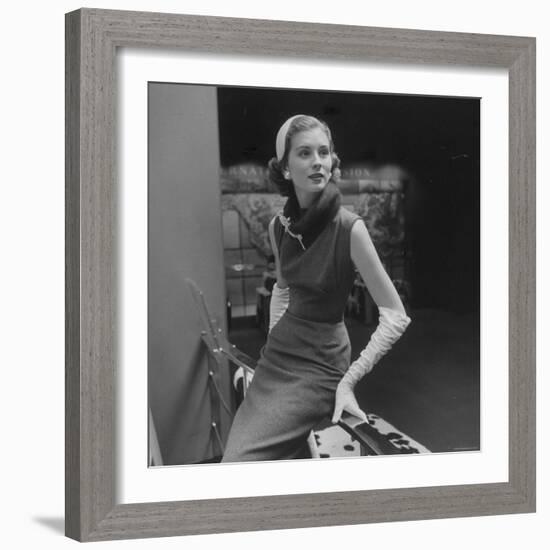 Model Wearing Gray Flannel Sheath and Mink Scarf-Nina Leen-Framed Photographic Print