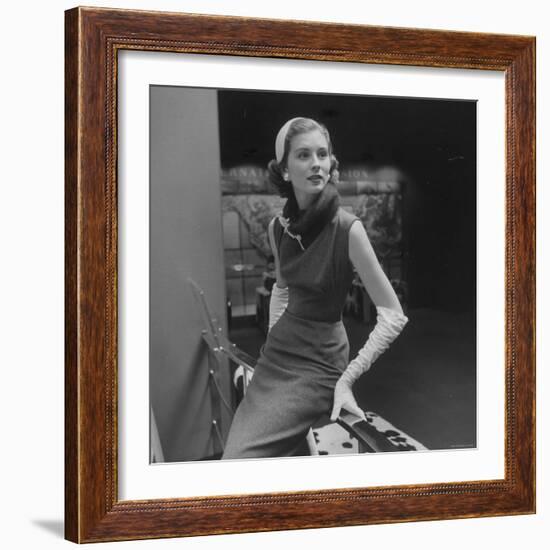 Model Wearing Gray Flannel Sheath and Mink Scarf-Nina Leen-Framed Photographic Print