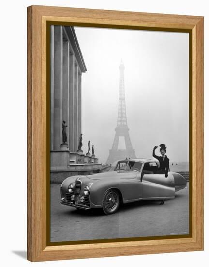 Model Wearing Jacques Fath Ensemble Beside 1947 Model Delahaye Automobile-Tony Linck-Framed Premier Image Canvas