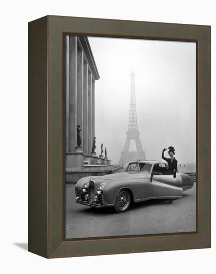 Model Wearing Jacques Fath Ensemble Beside 1947 Model Delahaye Automobile-Tony Linck-Framed Premier Image Canvas