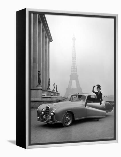 Model Wearing Jacques Fath Ensemble Beside 1947 Model Delahaye Automobile-Tony Linck-Framed Premier Image Canvas