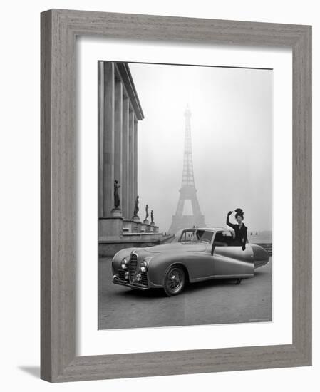 Model Wearing Jacques Fath Ensemble Beside 1947 Model Delahaye Automobile-Tony Linck-Framed Premium Photographic Print