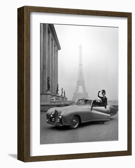 Model Wearing Jacques Fath Ensemble Beside 1947 Model Delahaye Automobile-Tony Linck-Framed Premium Photographic Print