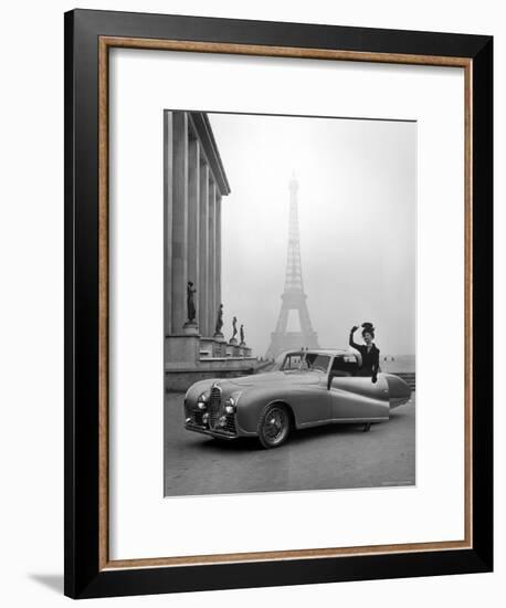 Model Wearing Jacques Fath Ensemble Beside 1947 Model Delahaye Automobile-Tony Linck-Framed Premium Photographic Print