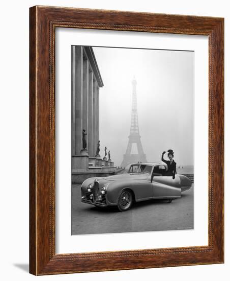 Model Wearing Jacques Fath Ensemble Beside 1947 Model Delahaye Automobile-Tony Linck-Framed Premium Photographic Print