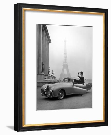 Model Wearing Jacques Fath Ensemble Beside 1947 Model Delahaye Automobile-Tony Linck-Framed Premium Photographic Print