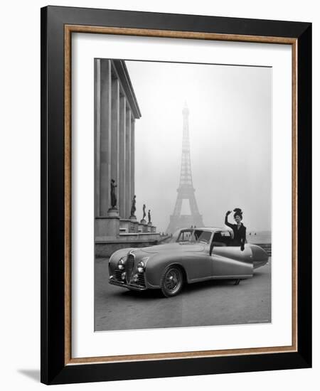 Model Wearing Jacques Fath Ensemble Beside 1947 Model Delahaye Automobile-Tony Linck-Framed Premium Photographic Print