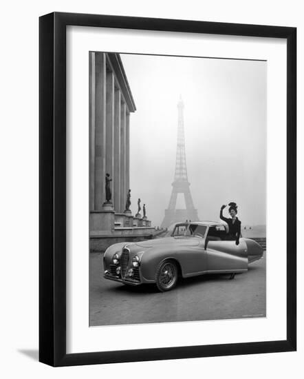 Model Wearing Jacques Fath Ensemble Beside 1947 Model Delahaye Automobile-Tony Linck-Framed Premium Photographic Print