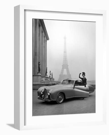 Model Wearing Jacques Fath Ensemble Beside 1947 Model Delahaye Automobile-Tony Linck-Framed Premium Photographic Print