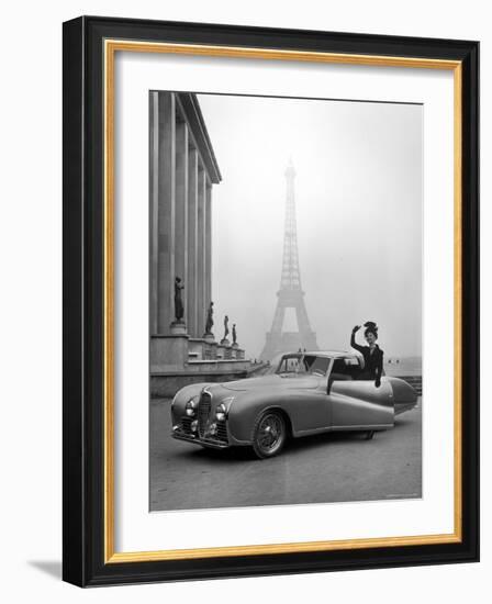 Model Wearing Jacques Fath Ensemble Beside 1947 Model Delahaye Automobile-Tony Linck-Framed Premium Photographic Print