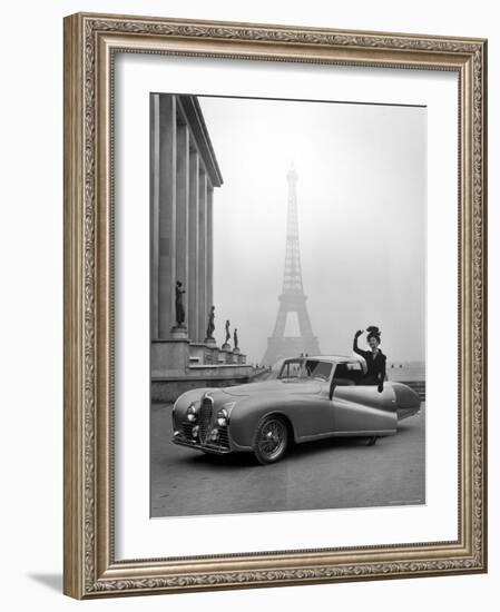 Model Wearing Jacques Fath Ensemble Beside 1947 Model Delahaye Automobile-Tony Linck-Framed Photographic Print