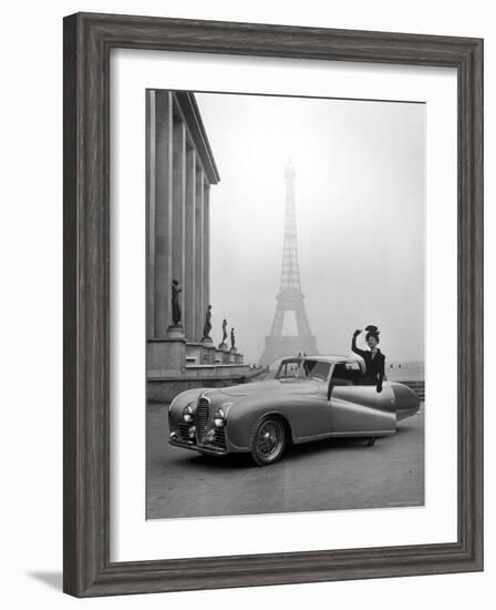 Model Wearing Jacques Fath Ensemble Beside 1947 Model Delahaye Automobile-Tony Linck-Framed Photographic Print