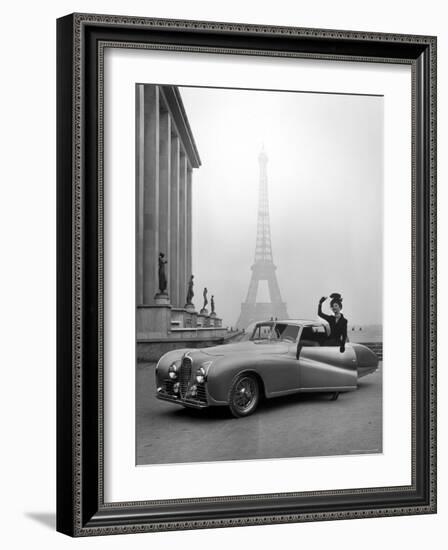 Model Wearing Jacques Fath Ensemble Beside 1947 Model Delahaye Automobile-Tony Linck-Framed Photographic Print