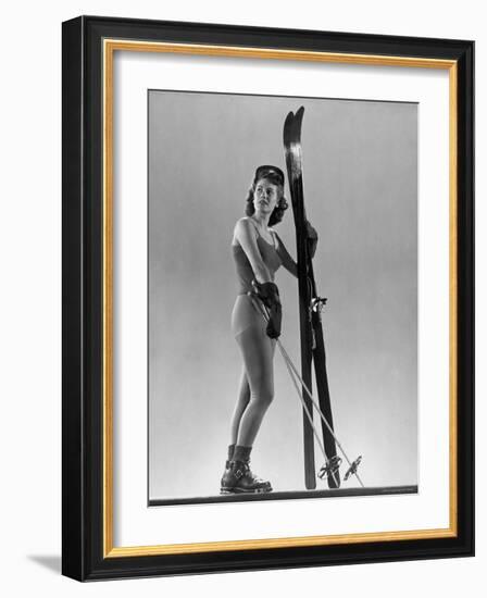 Model Wearing Long Wool Ski Underwear-Gjon Mili-Framed Photographic Print