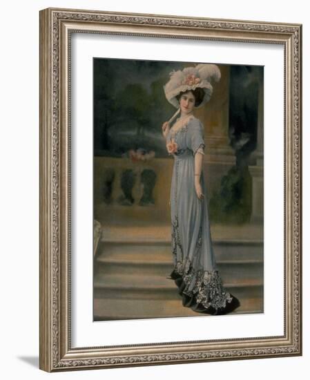 Model Wearing Pale Blue Robe de Diner, with Pink Rose Pinned to Bust and Large White Feathered Hat-Boissonnas & Taponier-Framed Photographic Print