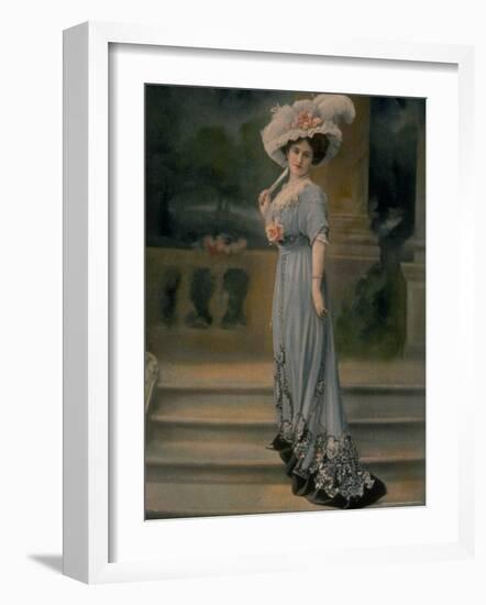 Model Wearing Pale Blue Robe de Diner, with Pink Rose Pinned to Bust and Large White Feathered Hat-Boissonnas & Taponier-Framed Photographic Print