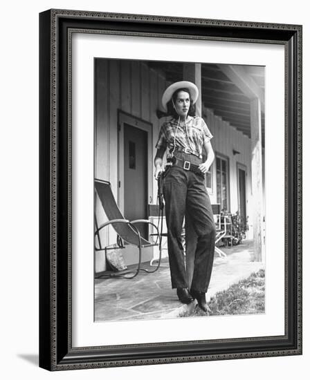 Model Wearing Rough Denim Frontier Pants and Cotton Shirt, Designed by Marge Riley-Peter Stackpole-Framed Photographic Print
