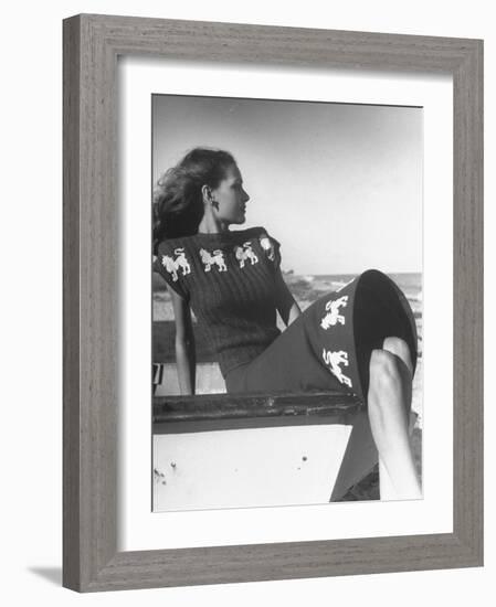 Model Wearing Sweater and Skirt Decorated with Roaring Lions-Nina Leen-Framed Photographic Print