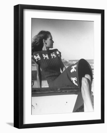 Model Wearing Sweater and Skirt Decorated with Roaring Lions-Nina Leen-Framed Photographic Print