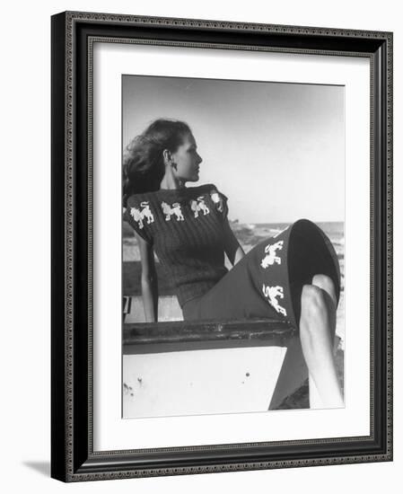 Model Wearing Sweater and Skirt Decorated with Roaring Lions-Nina Leen-Framed Photographic Print