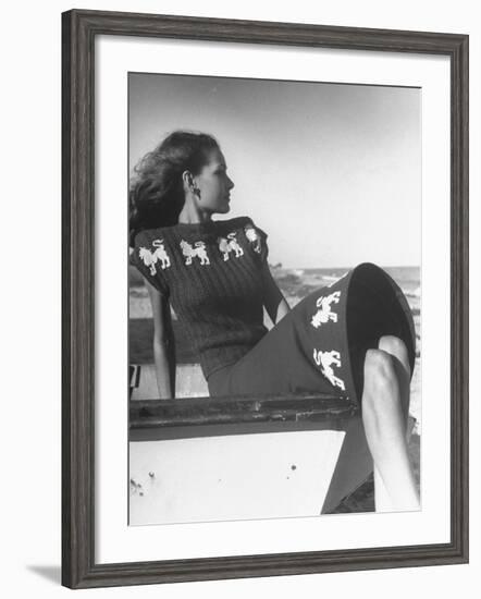 Model Wearing Sweater and Skirt Decorated with Roaring Lions-Nina Leen-Framed Photographic Print