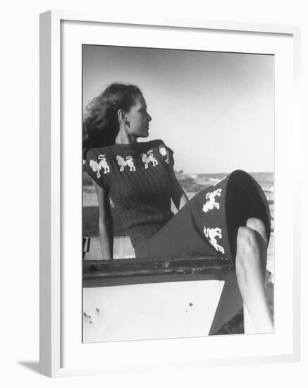 Model Wearing Sweater and Skirt Decorated with Roaring Lions-Nina Leen-Framed Photographic Print