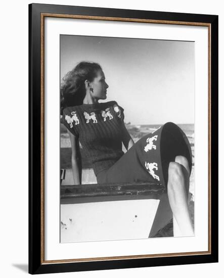 Model Wearing Sweater and Skirt Decorated with Roaring Lions-Nina Leen-Framed Photographic Print