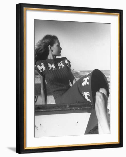 Model Wearing Sweater and Skirt Decorated with Roaring Lions-Nina Leen-Framed Photographic Print