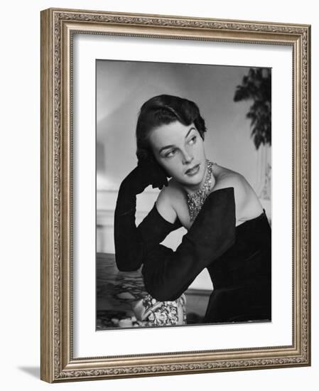 Model Wearing the Longest Gloves Designed by Hattie Carnegie Which Almost Cover the Shoulders-Nina Leen-Framed Photographic Print