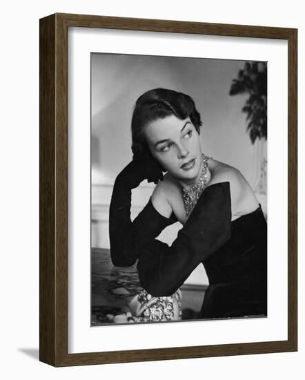 Model Wearing the Longest Gloves Designed by Hattie Carnegie Which Almost Cover the Shoulders-Nina Leen-Framed Photographic Print
