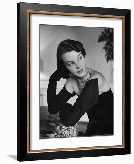 Model Wearing the Longest Gloves Designed by Hattie Carnegie Which Almost Cover the Shoulders-Nina Leen-Framed Photographic Print