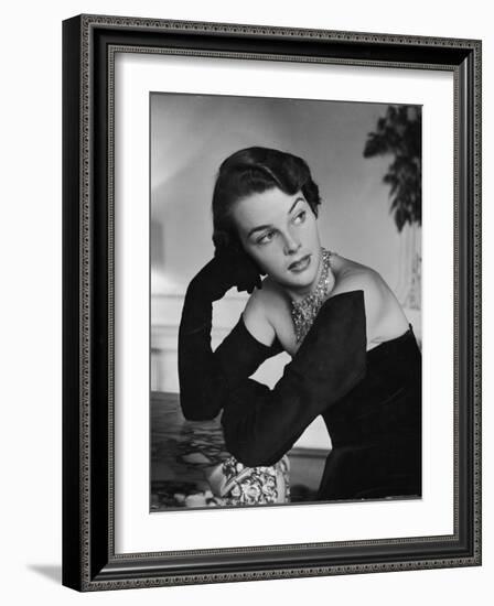 Model Wearing the Longest Gloves Designed by Hattie Carnegie Which Almost Cover the Shoulders-Nina Leen-Framed Photographic Print