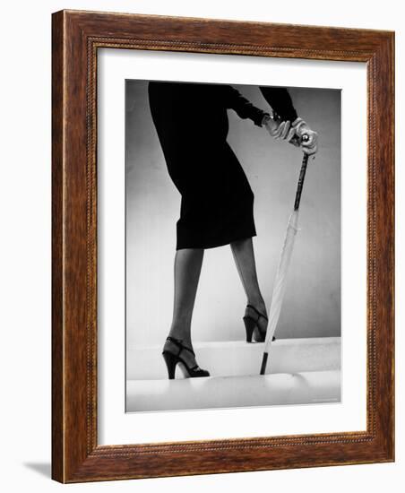 Model Wearing Tight Skirt and Stripped Patent Sandals with New Heelless Stockings-Gjon Mili-Framed Photographic Print