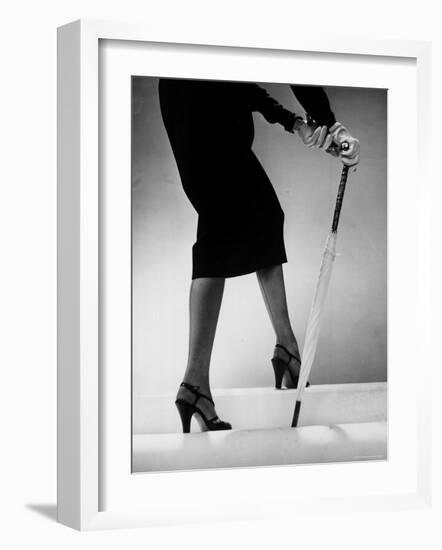 Model Wearing Tight Skirt and Stripped Patent Sandals with New Heelless Stockings-Gjon Mili-Framed Photographic Print