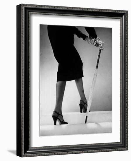 Model Wearing Tight Skirt and Stripped Patent Sandals with New Heelless Stockings-Gjon Mili-Framed Photographic Print