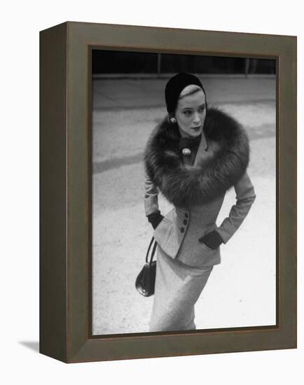 Model Wearing Tweed Suit, Fox Circle and Brooch-Nina Leen-Framed Premier Image Canvas