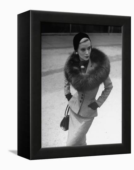 Model Wearing Tweed Suit, Fox Circle and Brooch-Nina Leen-Framed Premier Image Canvas