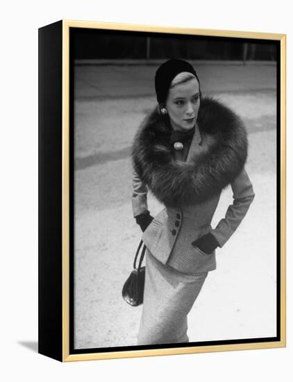 Model Wearing Tweed Suit, Fox Circle and Brooch-Nina Leen-Framed Premier Image Canvas