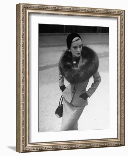 Model Wearing Tweed Suit, Fox Circle and Brooch-Nina Leen-Framed Photographic Print