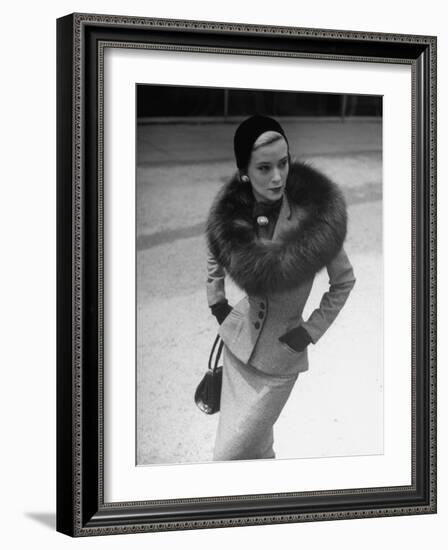 Model Wearing Tweed Suit, Fox Circle and Brooch-Nina Leen-Framed Photographic Print