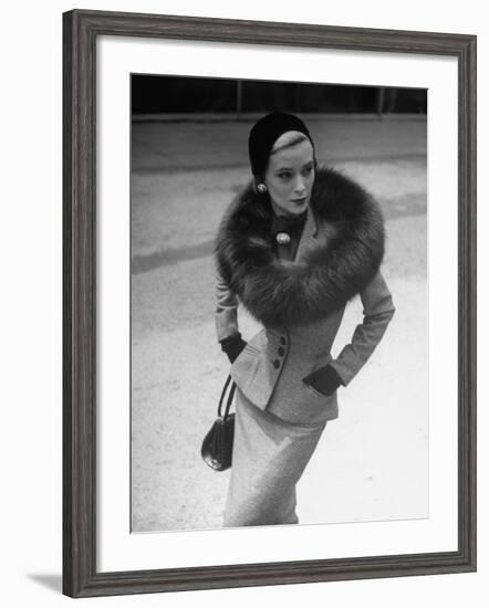 Model Wearing Tweed Suit, Fox Circle and Brooch-Nina Leen-Framed Photographic Print