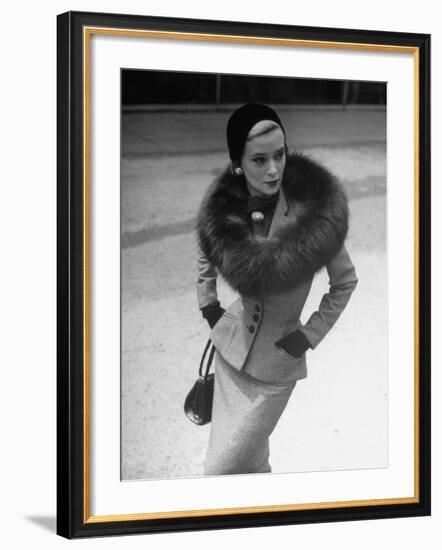 Model Wearing Tweed Suit, Fox Circle and Brooch-Nina Leen-Framed Photographic Print