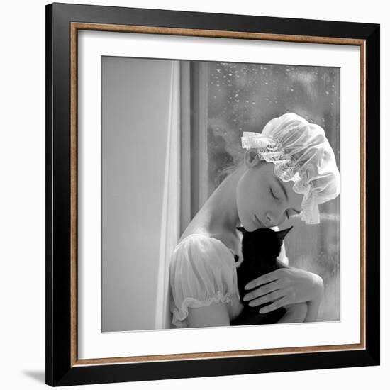 Model with Cap Embracing a Cat, 1960s-John French-Framed Giclee Print