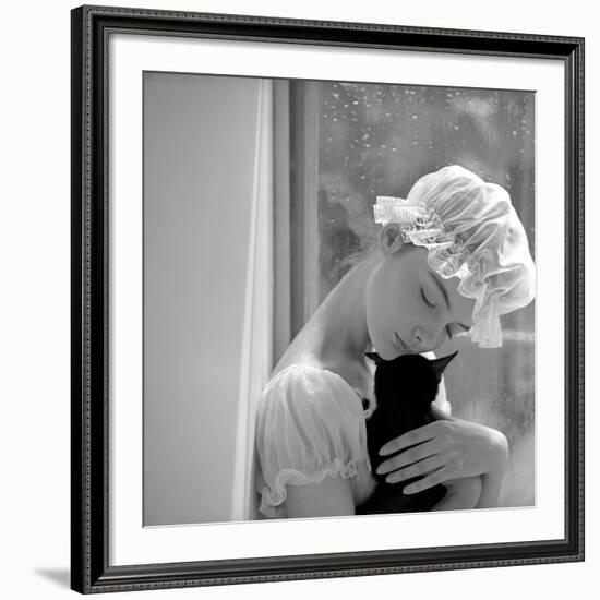 Model with Cap Embracing a Cat, 1960s-John French-Framed Giclee Print