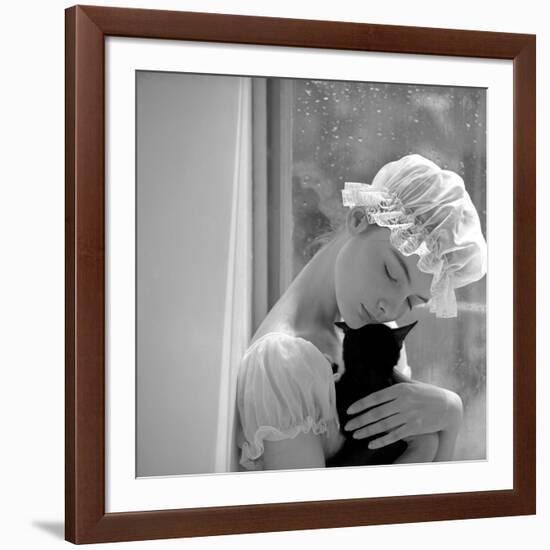 Model with Cap Embracing a Cat, 1960s-John French-Framed Giclee Print