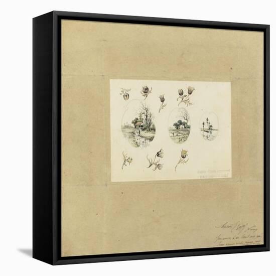 Modèle de décor pour un vase-cornet Louis XV : trois paysages lacustres inscrits dans des-Emile Gallé-Framed Premier Image Canvas