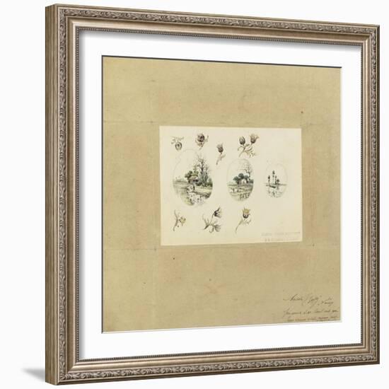 Modèle de décor pour un vase-cornet Louis XV : trois paysages lacustres inscrits dans des-Emile Gallé-Framed Giclee Print