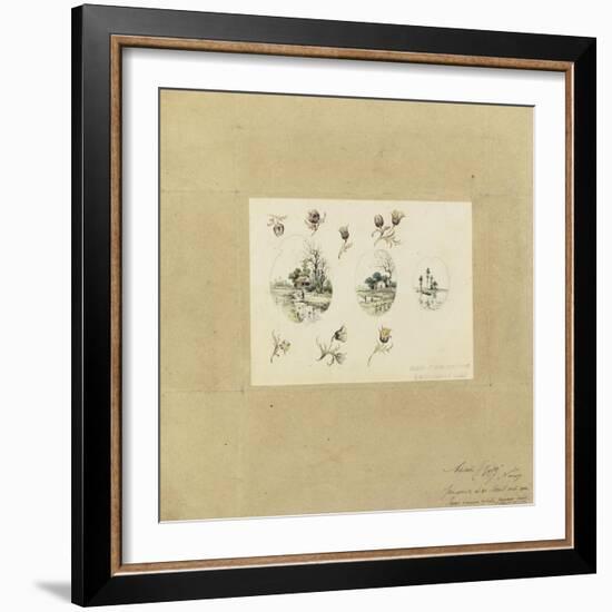 Modèle de décor pour un vase-cornet Louis XV : trois paysages lacustres inscrits dans des-Emile Gallé-Framed Giclee Print